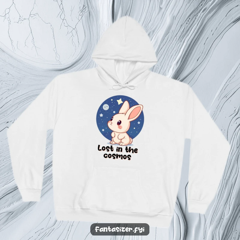 Funny Rabbit Hoodie: A curious rabbit sits comfortably, gazing up at a mesmerizing expanse of stars, offering warmth and celestial inspiration.
