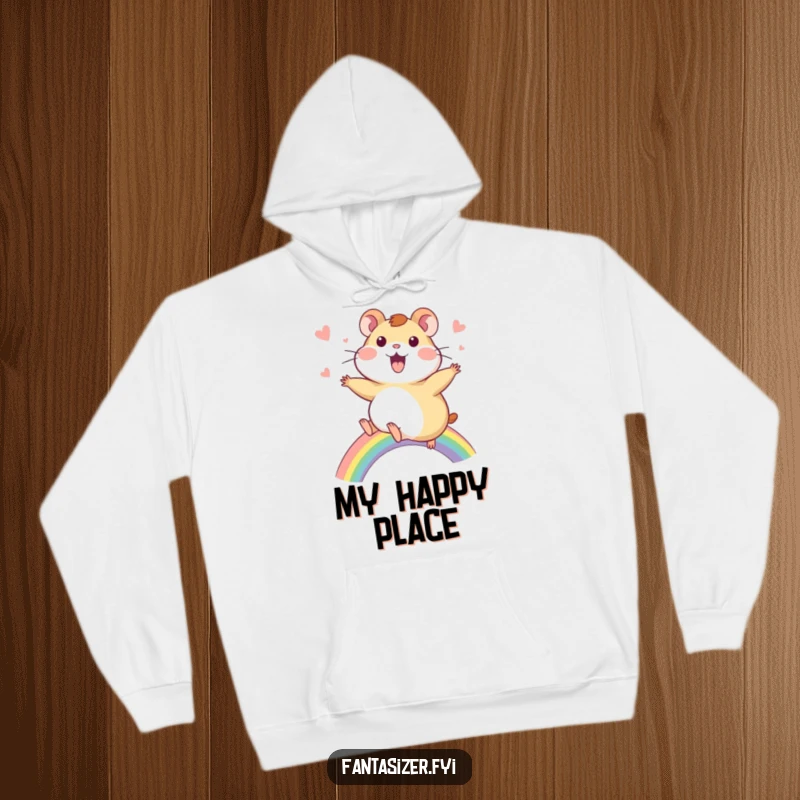 Funny Hamster Hoodie: A delighted hamster rides a vibrant rainbow, radiating wonder and cozy happiness.