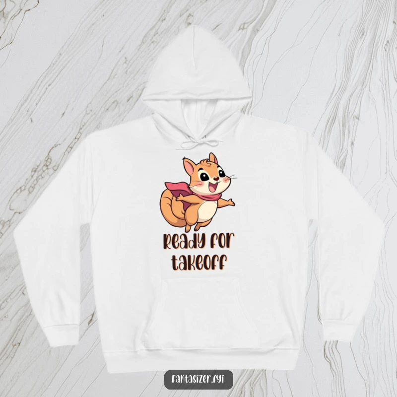 Funny squirrel superhero hoodie depicting an excited squirrel in a cape flying through the air, offering warmth and heroic humor, a cool gift.