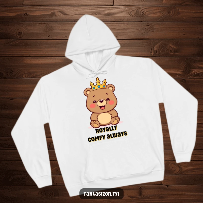 Funny hoodie displaying a happy, crowned bear ruling a vibrant toy kingdom, offering comfort and a touch of regal humor.