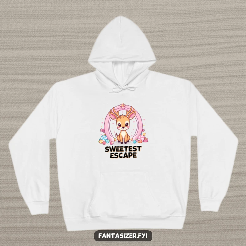 Funny hoodie showing a gentle deer mesmerized by a glowing portal abundant with sugary treats.