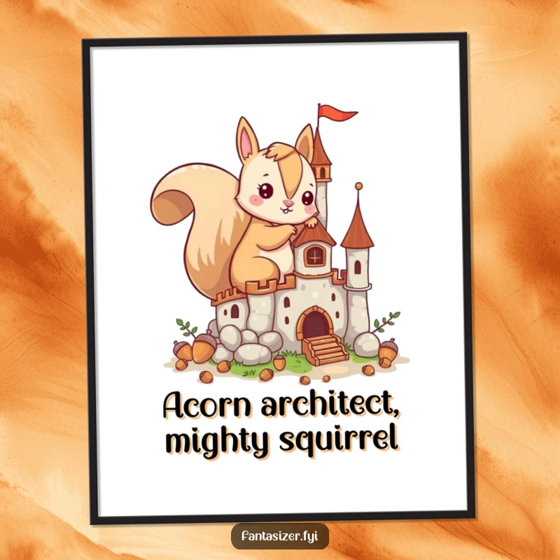 Funny Free Printable Wall Art of an imaginative squirrel building a fantastical castle from acorns, ideal for a child's room or whimsical decor.