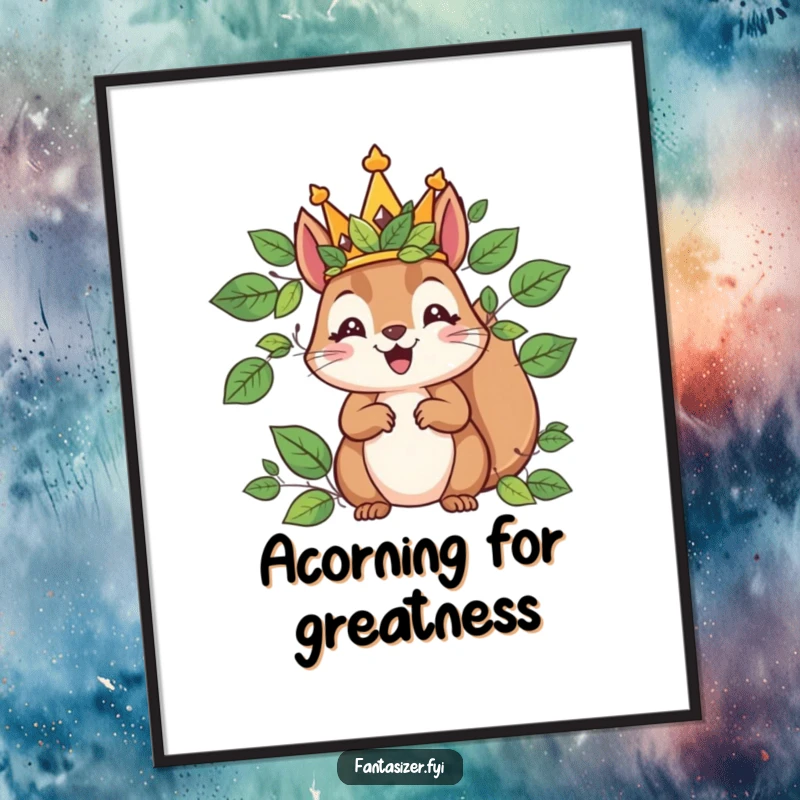 Funny Free Printable Wall Art: A delighted squirrel wearing a crown of leaves rules over a miniature, charming kingdom.