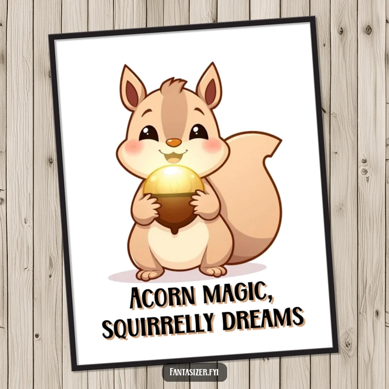 Funny Free Printable Wall Art: A cheerful squirrel holds a magical acorn emitting a soft glow, creating a whimsical woodland scene.