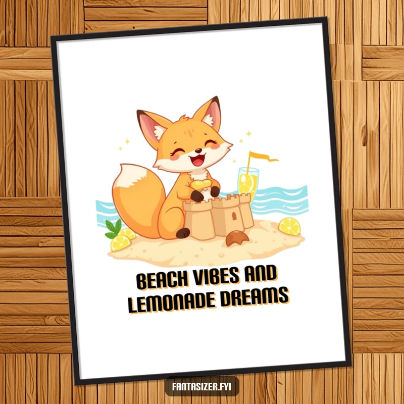 Funny Free Printable Wall Art: Giggling fox builds a sandcastle by a sea of sparkling lemonade.