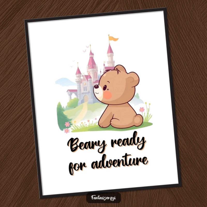 Funny Free Printable Wall Art: A happy bear cub gazes wistfully at a magnificent fantasy castle, creating a humorous, dreamy scene.