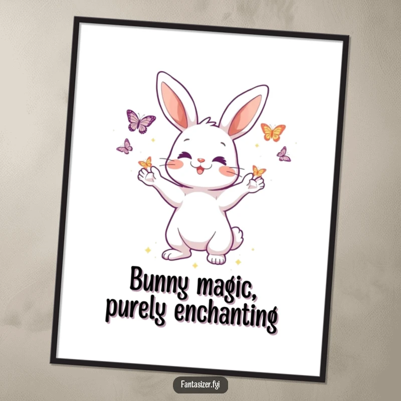 Funny Free Printable Wall Art: Playful rabbit conjures shimmering butterflies from its paws, a whimsical and magical decor piece.