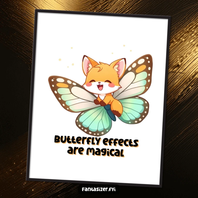 Funny Free Printable Wall Art: Joyful fox cub with eyes closed, imagining a thrilling flight on the back of a vibrant giant butterfly.