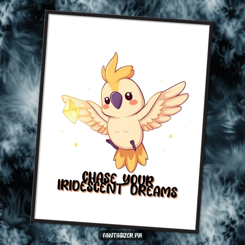Funny Free Printable Wall Art: Spirited parrot mid-flight towards a luminous, distant dream crystal, wings spread wide.