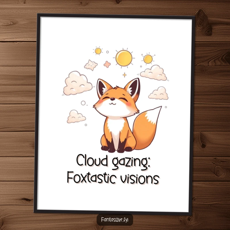 Funny Free Printable Wall Art of a joyful fox looking up at the clouds, seeing fantastical shapes and enjoying the view.