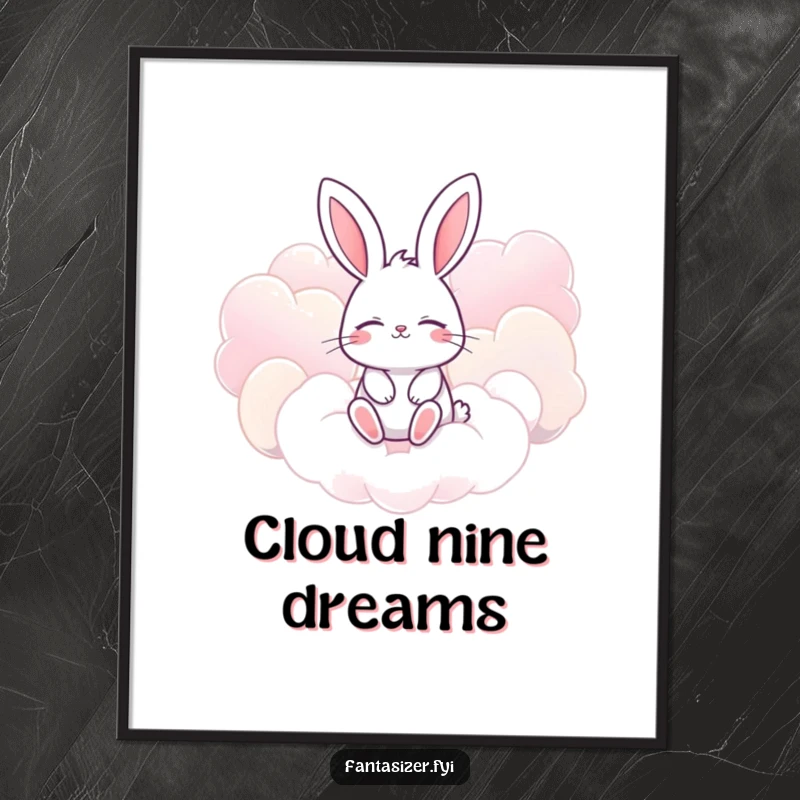 Funny Free Printable Wall Art: Cute bunny with eyes closed imagining floating amongst giant, candy-colored clouds, bringing whimsical charm.