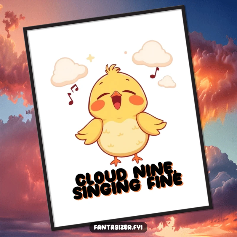 Funny Free Printable Wall Art: A joyful bird sings with eyes closed, envisioning itself on a fluffy stage of clouds.