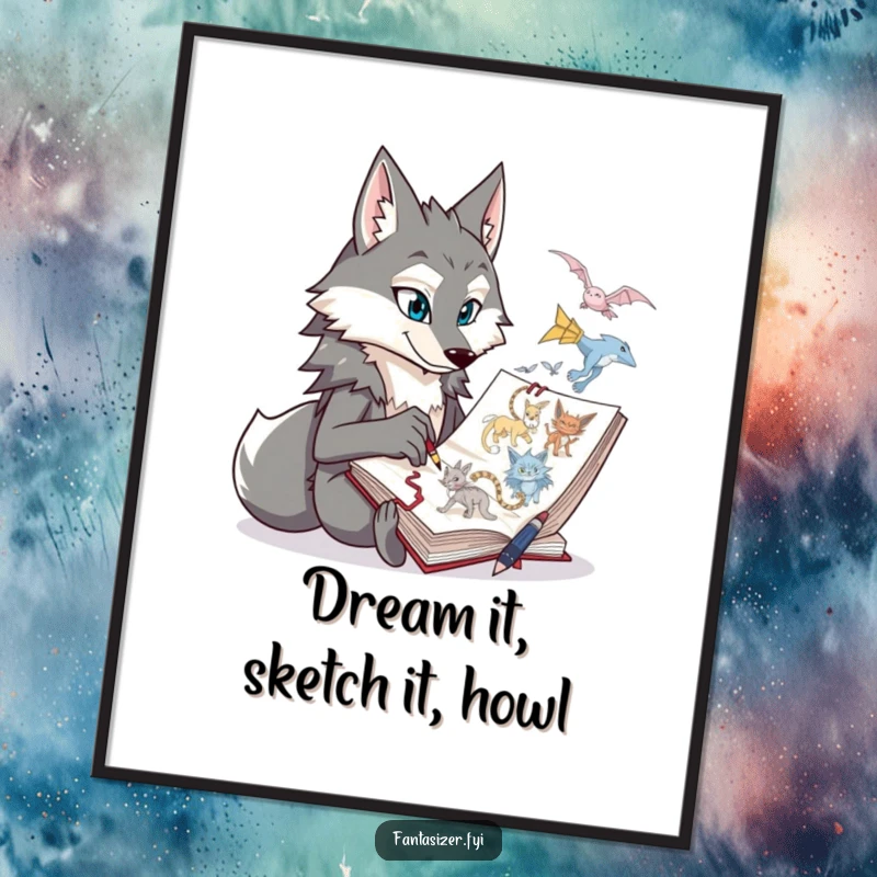 Funny Free Printable Wall Art: Proud wolf character with a thoughtful expression, drawing imaginative creatures in a big notebook.