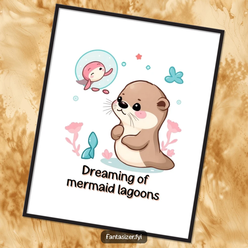 Funny Free Printable Wall Art: Curious otter blissfully dreaming of swimming alongside beautiful mermaids, a DIY whimsical gift.