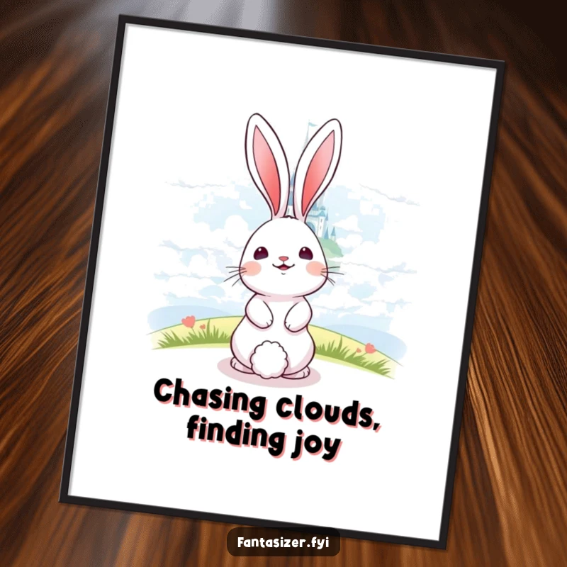 Funny Free Printable Wall Art: A happy bunny gazing intently at a distant, shimmering castle floating among soft clouds.