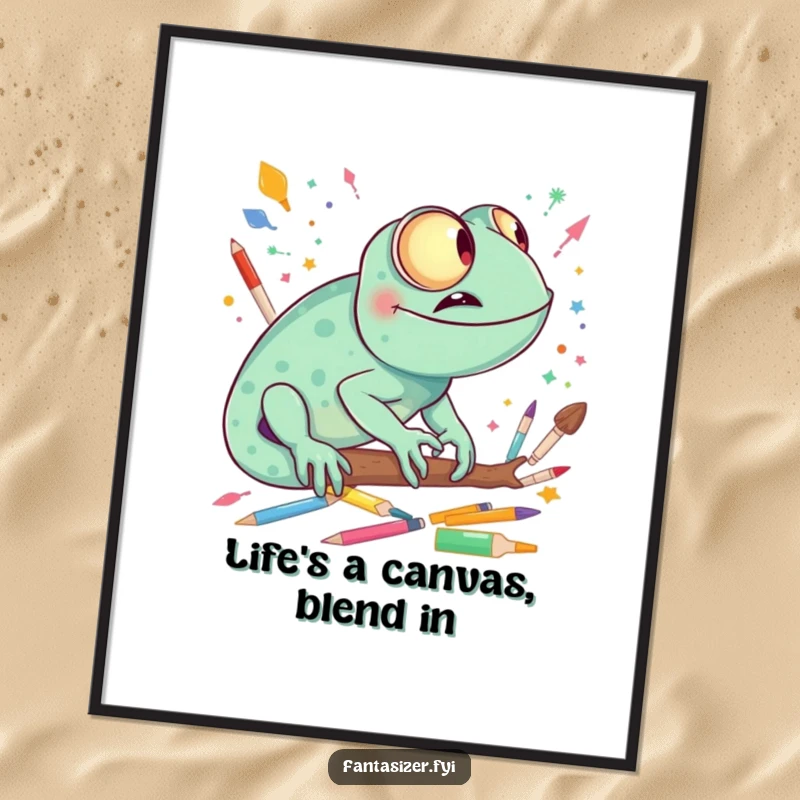 Funny Free Printable Wall Art: A giggling chameleon imagines a surreal, vibrant world composed entirely of colorful paints, brushes, and pencils.