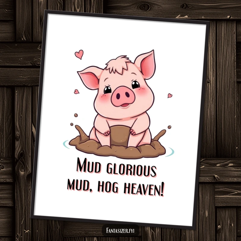 Funny Free Printable Wall Art of a proud, happy pig blissfully imagining diving into a large, inviting mud puddle.
