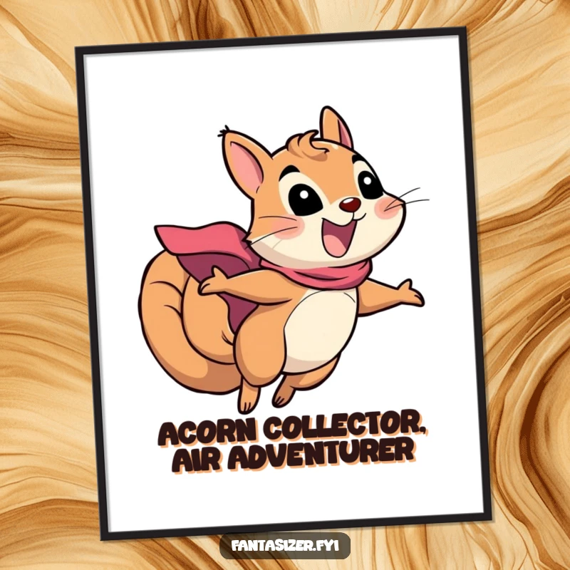 Funny Free Printable Squirrel Wall Art: An excited squirrel in a cape soars through the air, heroic downloadable art.