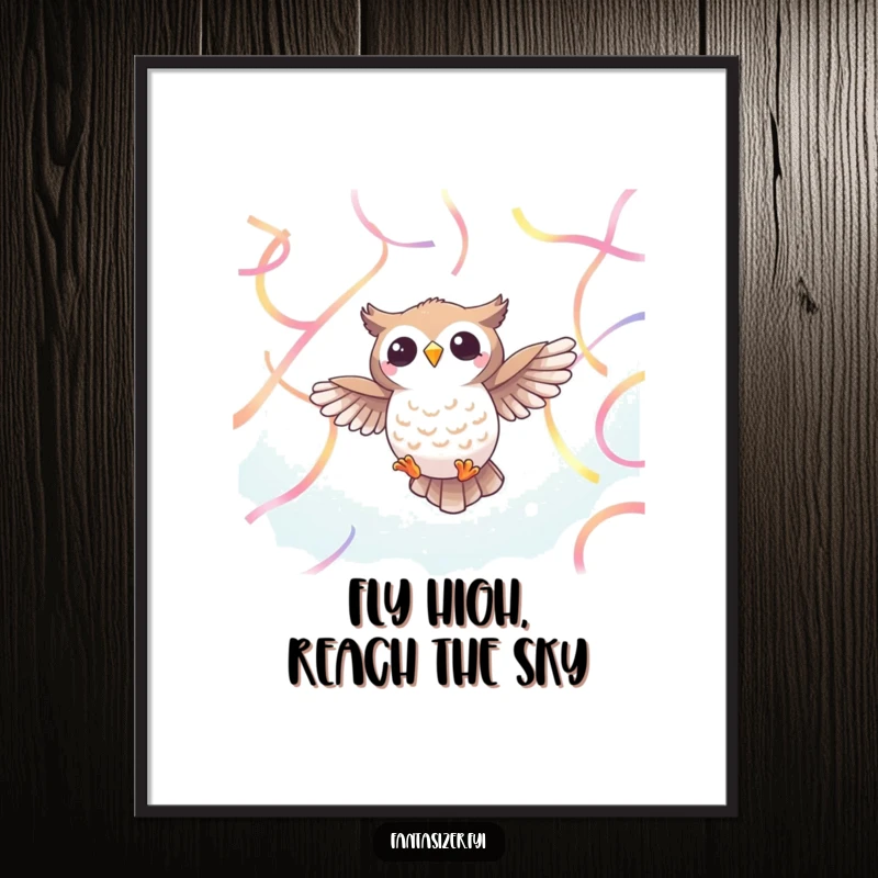 Funny Free Printable Wall Art: A cheerful owl with outstretched wings soars gracefully through a sky filled with vibrant, ethereal ribbons.