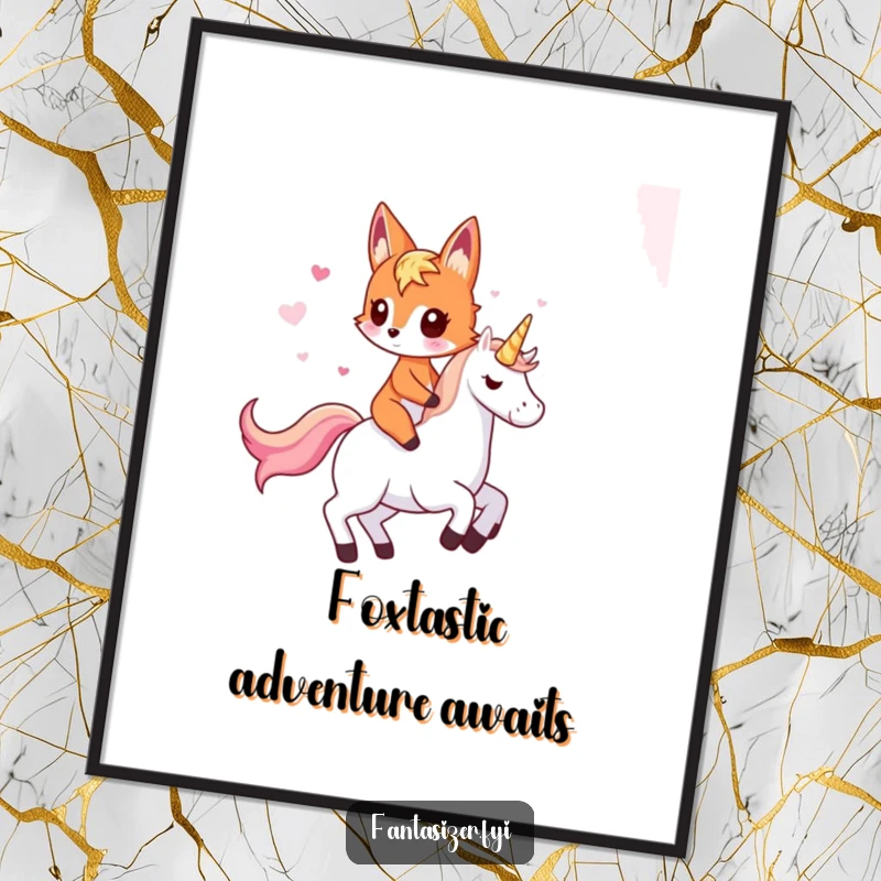 Funny Free Printable Wall Art: Imaginative fox rides unicorn, enchanting fantasy landscape, magical downloadable decor.