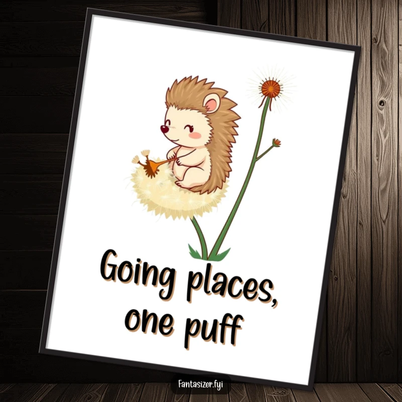 Funny free printable wall art of a whimsical hedgehog adventurously riding a giant dandelion seed, floating on the wind.