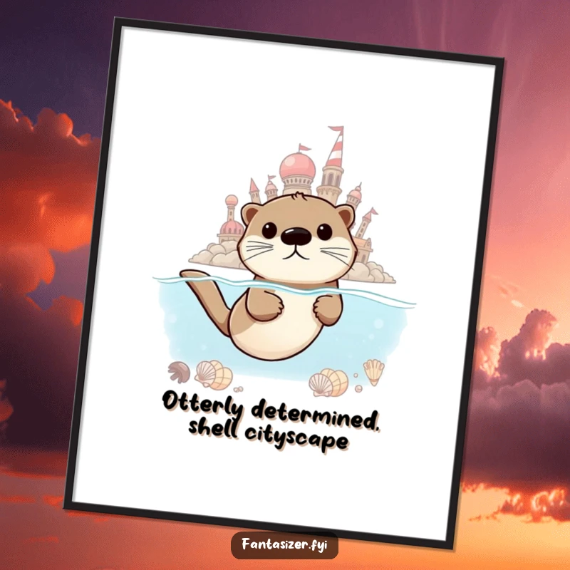 Funny Free Printable Wall Art: A determined otter swims towards a shimmering city constructed entirely from seashells, embodying ambition.