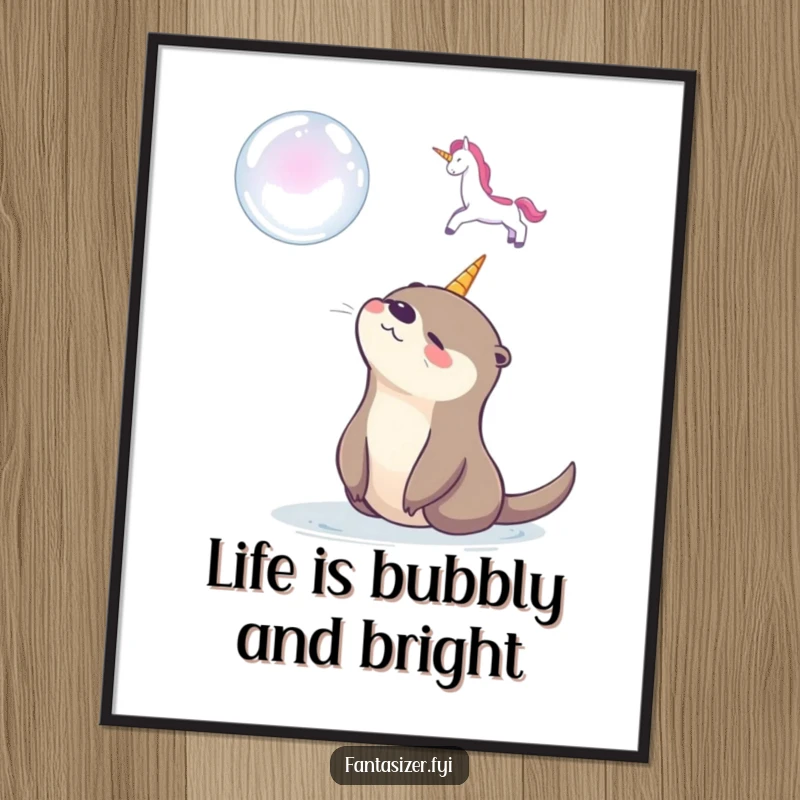 Funny Free Printable Wall Art: A happy otter stares dreamily at a floating soap bubble shaped like a unicorn.