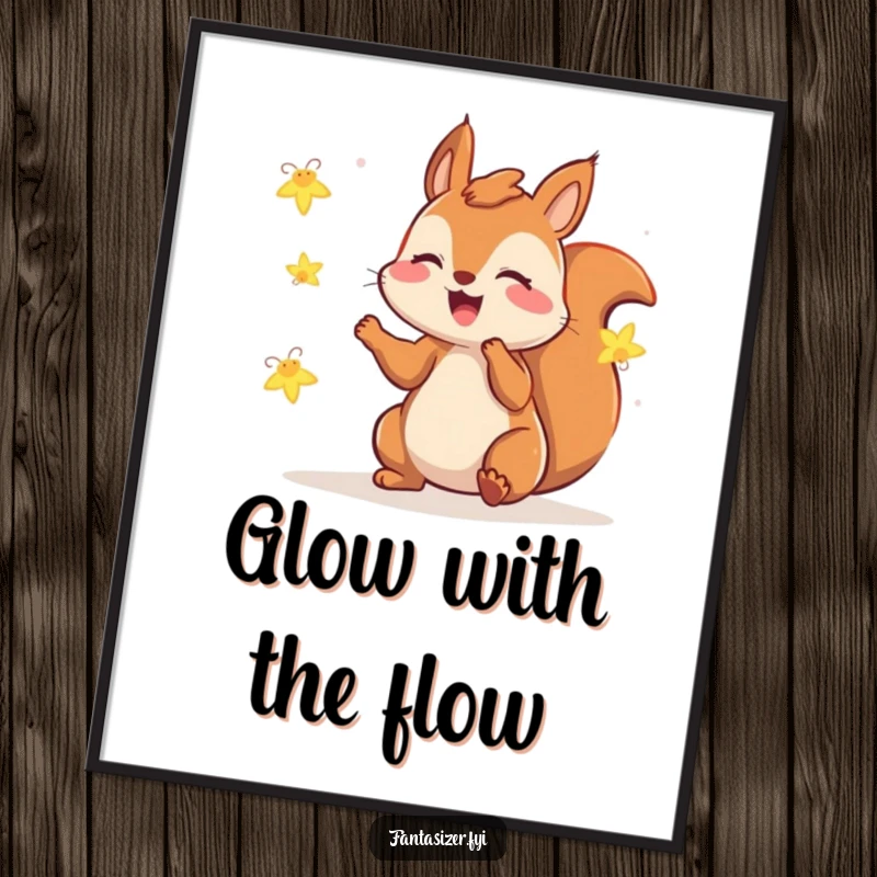 Funny Free Printable Wall Art: Gleeful squirrel plays with fireflies, magical night scene, enchanting downloadable decor.