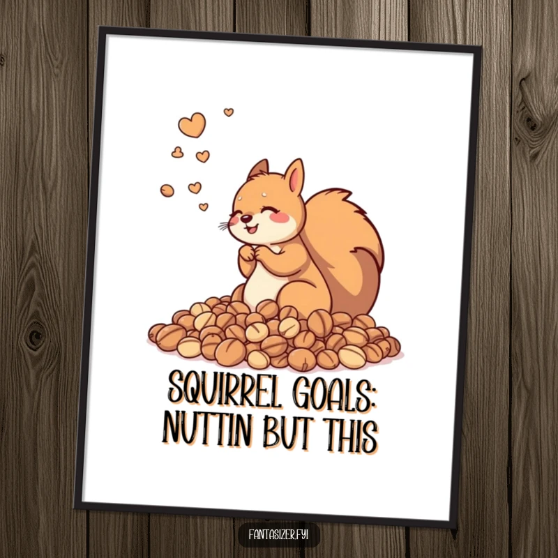 Funny Free Printable Wall Art: Playful squirrel dreaming of an enormous, overflowing pile of nuts.