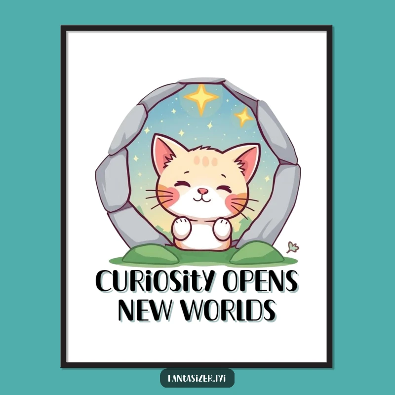 Funny Free Printable Cat Art: Magical Portal View, Whimsical Starry Landscape Downloadable Decor