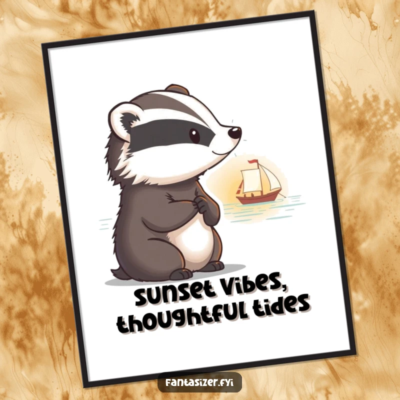 Funny Free Printable Wall Art: A thoughtful badger with a faraway look, observing a lone boat sailing into a breathtaking, vibrant sunset.