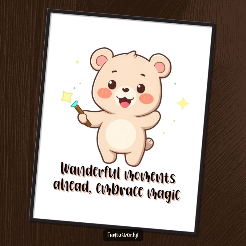 Funny Free Printable Wall Art: Smiling bear uses magic wand to create a shower of dancing, colorful lights.