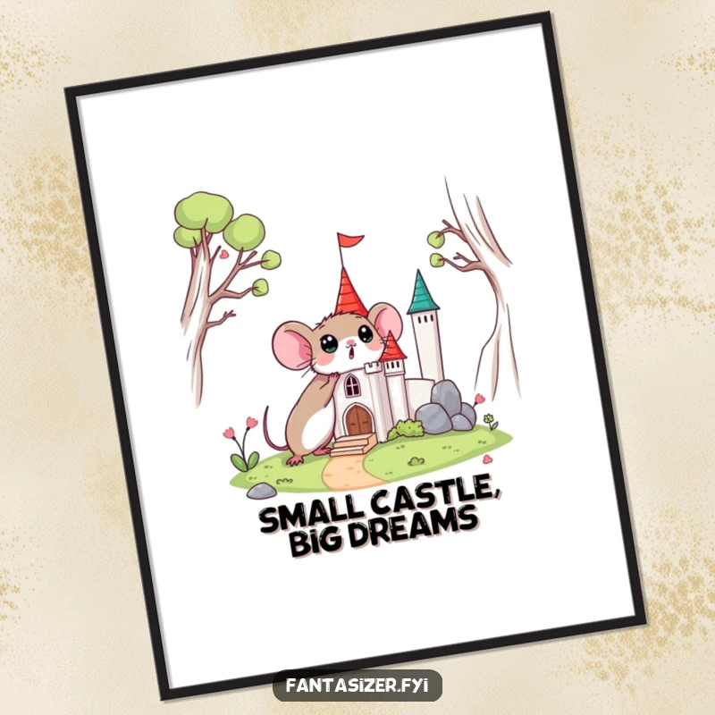 Funny Free Printable Wall Art: A small mouse with a surprised expression discovers a detailed miniature castle.