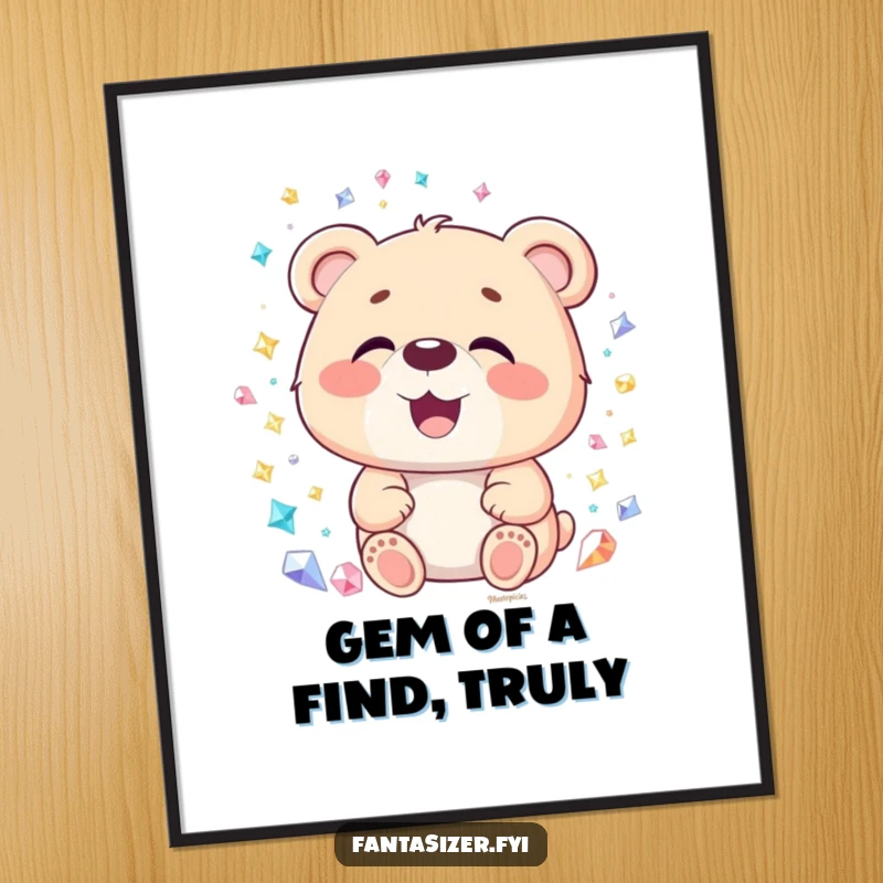 Funny Free Printable Wall Art: A delighted bear with its mouth agape, gazing at a world made of sparkling gemstones.