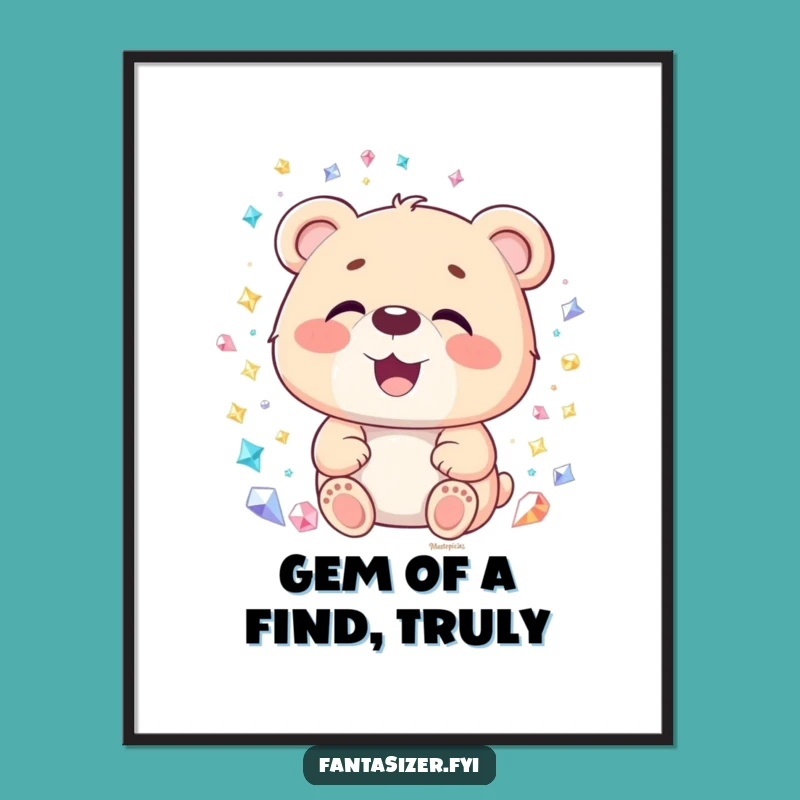 Free Printable Wall Art: Delighted Bear Admires Gemstones - Funny Downloadable Art!