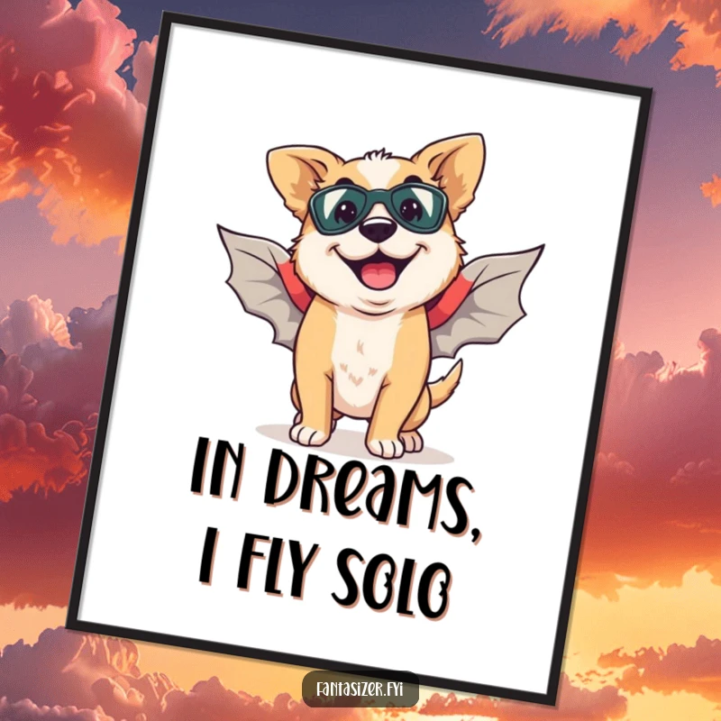 Funny Free Printable Wall Art: A happy dog with a goofy grin, picturing itself soaring through the sky with superhero wings.