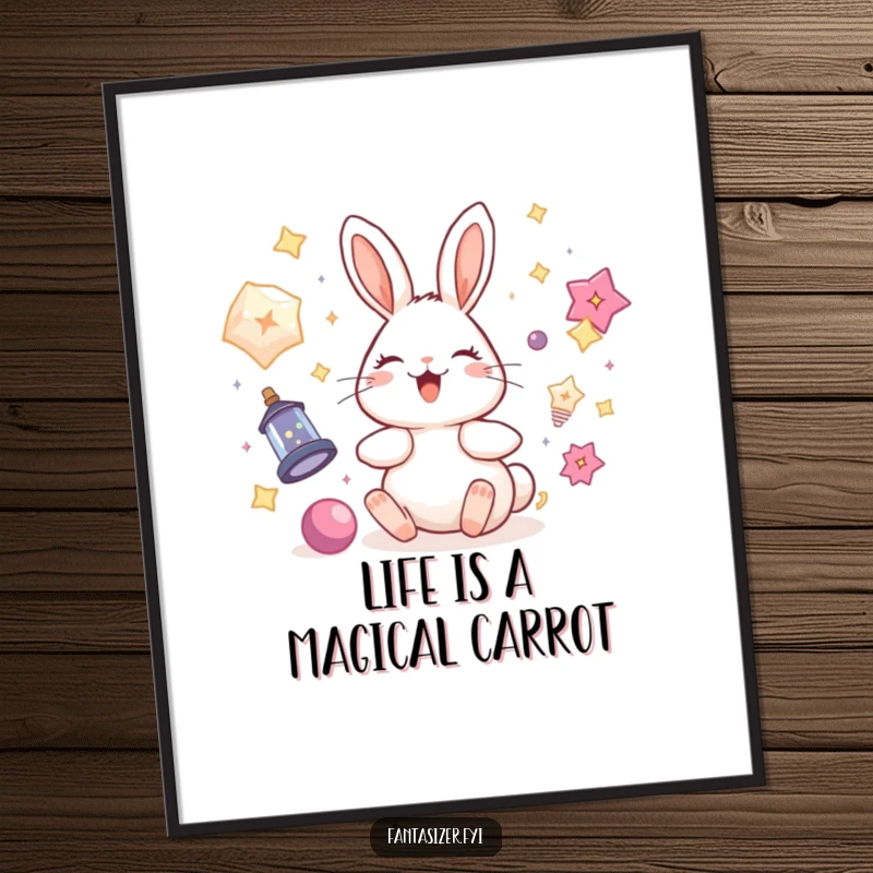 Funny Free Printable Rabbit Wall Art: A delighted rabbit floats with magical items, whimsical downloadable art for enchantment.