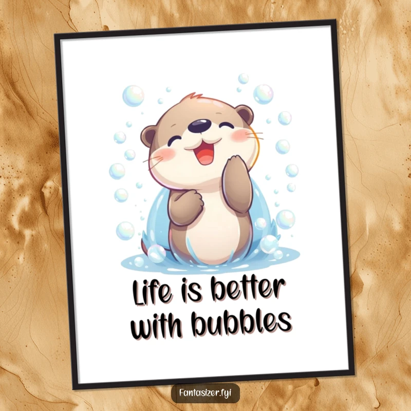 Funny Free Printable Wall Art: Joyful otter character surrounded by a magical, shimmering cascade of colorful bubbles.