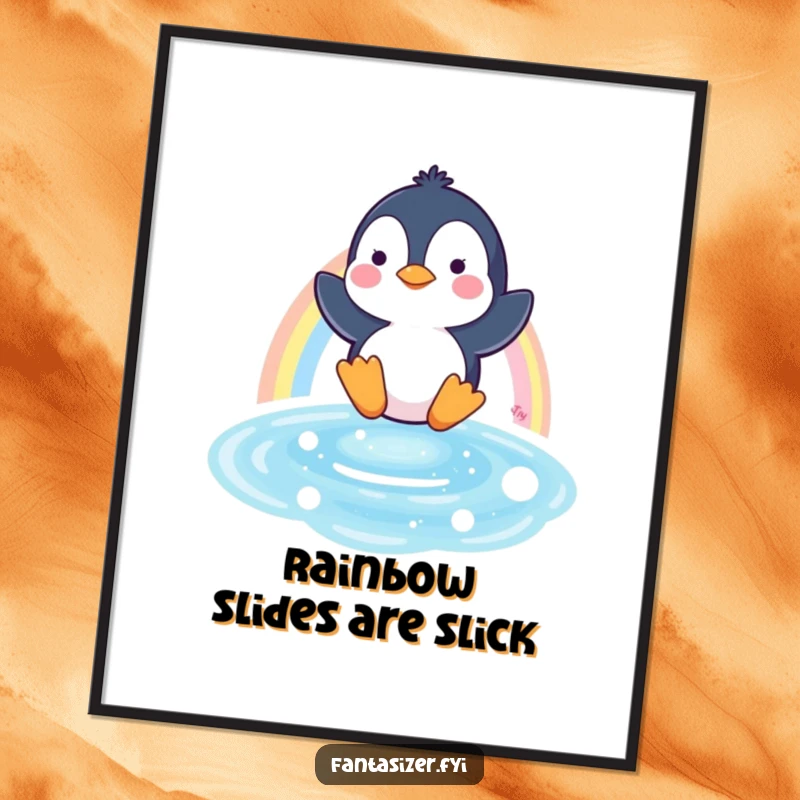 Funny Free Printable Wall Art: Playful penguin sliding down a rainbow into sparkling water.