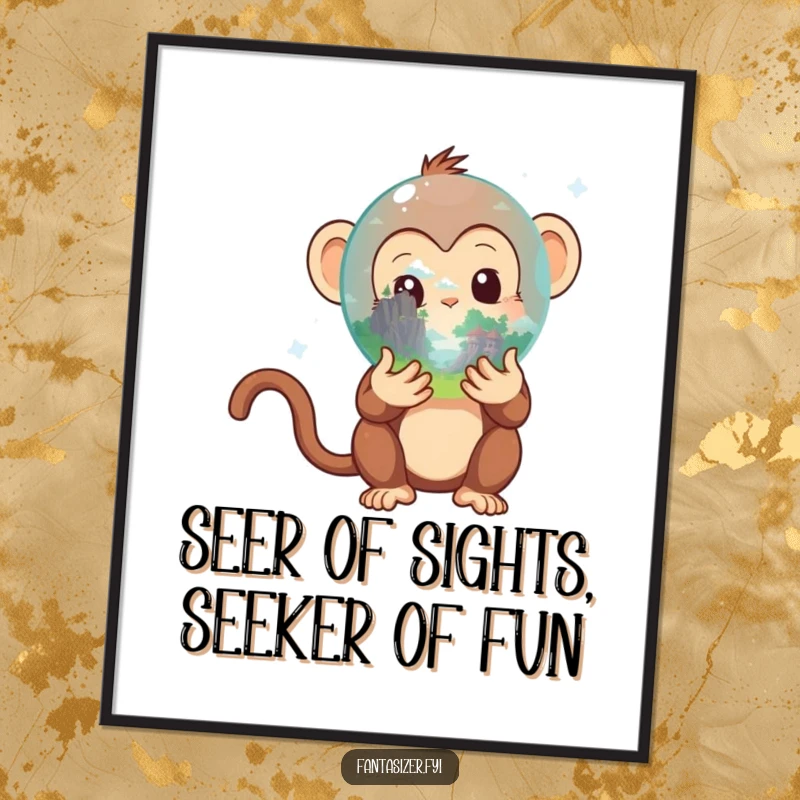 Funny Free Printable Wall Art: Curious monkey holding crystal ball revealing a magical, hidden landscape.