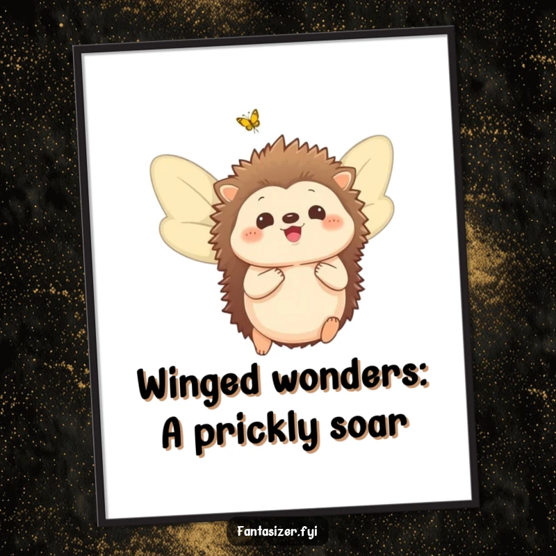 Funny Free Printable Wall Art of a delighted hedgehog equipped with beautiful butterfly wings, imagining the joy of flight.
