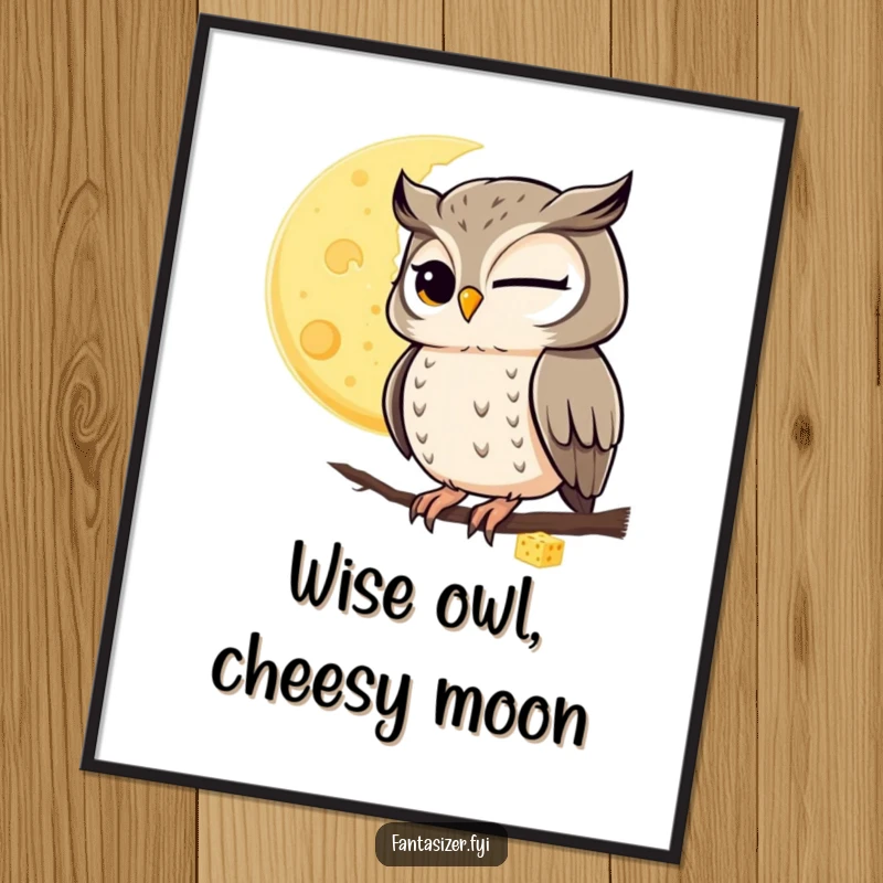 Funny Free Printable Wall Art: A winking owl humorously observing a large moon mysteriously made of cheese.