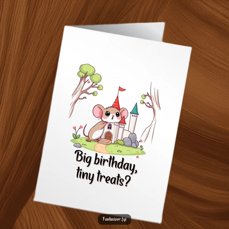 Funny Free Printable Birthday Card: A small mouse with wide eyes discovers an unexpected miniature castle.