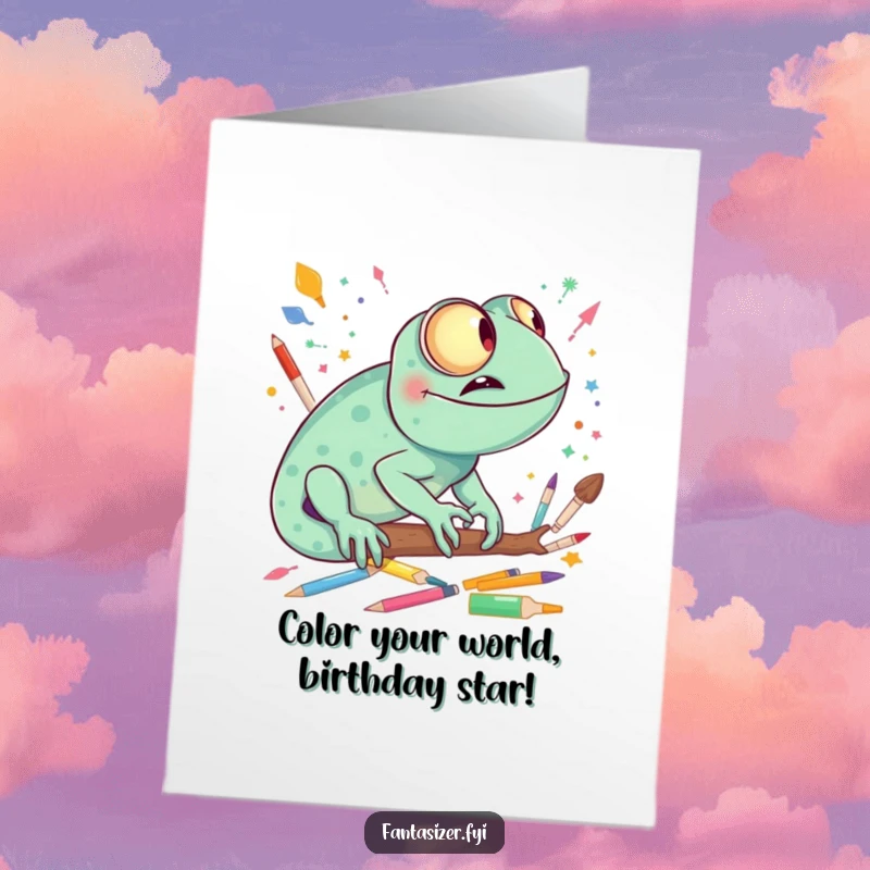Funny Free Printable Birthday Card: A giggling chameleon imagines a vibrant world made of art supplies, celebrating a colorful birthday.