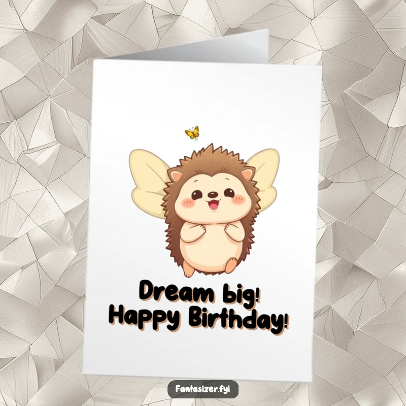 Funny Free Printable Birthday Card showing a delighted hedgehog with large butterfly wings, imagining taking flight.