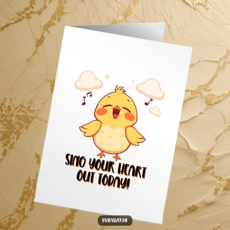 Funny Free Printable Birthday Card: A joyful bird sings with eyes closed, dreaming of performing on a cloud stage.