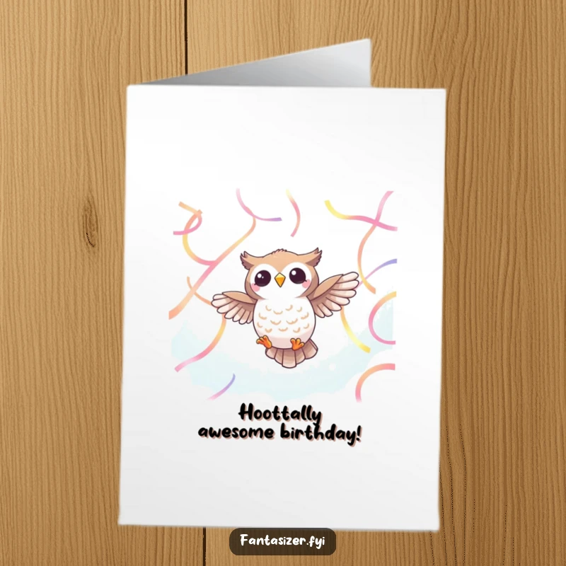 Funny Free Printable Birthday Card: A cheerful owl with outstretched wings soars through a sky of vibrant, ethereal ribbons.