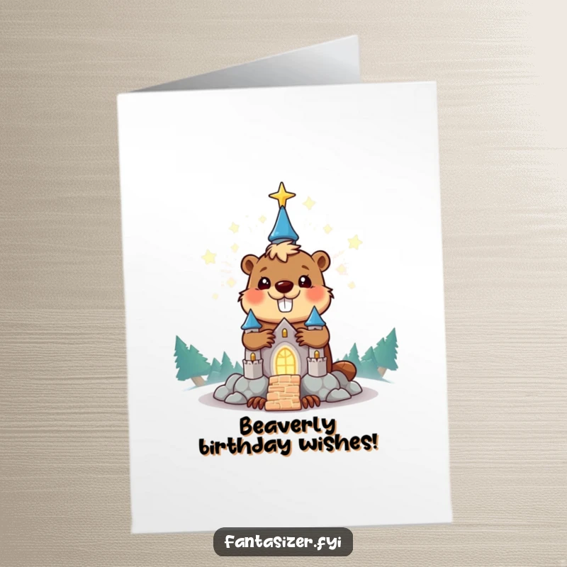 Funny Free Printable Birthday Card featuring a happy beaver constructing a glowing star-dust castle, perfect for any celebration.