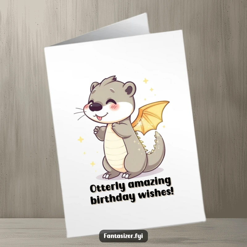 Funny Free Printable Birthday Card: Playful otter transforms into sparkling dragon, celebrating with mythical fun.