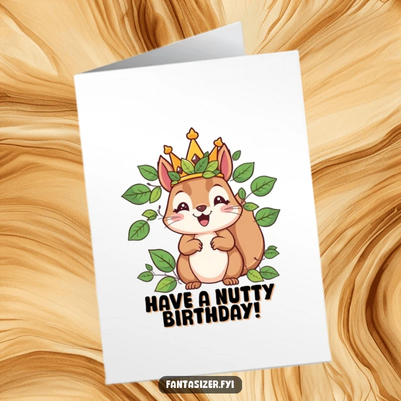 Funny Free Printable Birthday Card: A delighted squirrel wearing a leaf crown rules a miniature kingdom royally.